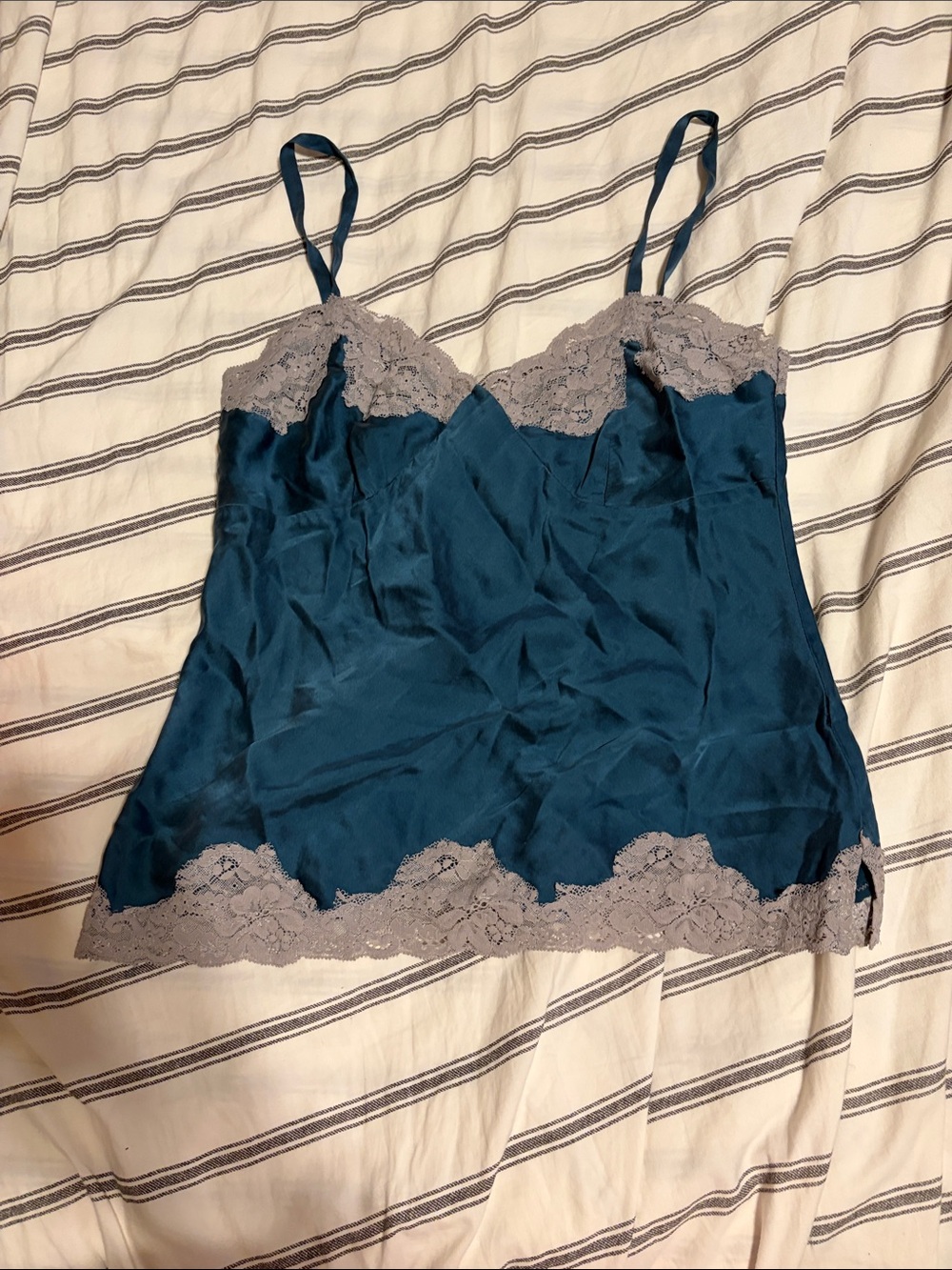 Express Teal Satin Tank Top with Gray Lace Trim